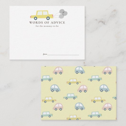 バルーン付きカーイエローベビーシャワーアドバイス エンクロージャーカード (正面/裏面)