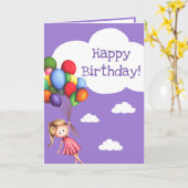 バルーン付きガールパープルハッピーバースデー カード (黄色い花)