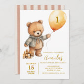 バルーン付きキュートベアーボーイファースト誕生日 招待状 (正面/裏面)