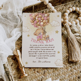 バルーン付きクマBeigeピンク赤ちゃんシャワー サンキューカード