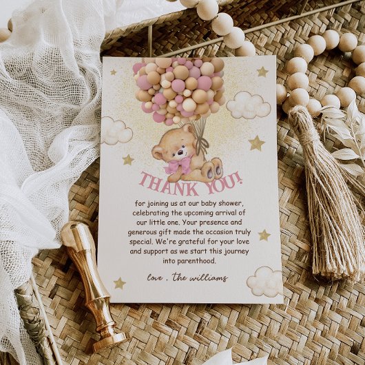 バルーン付きクマBeigeピンク赤ちゃんシャワー サンキューカード
