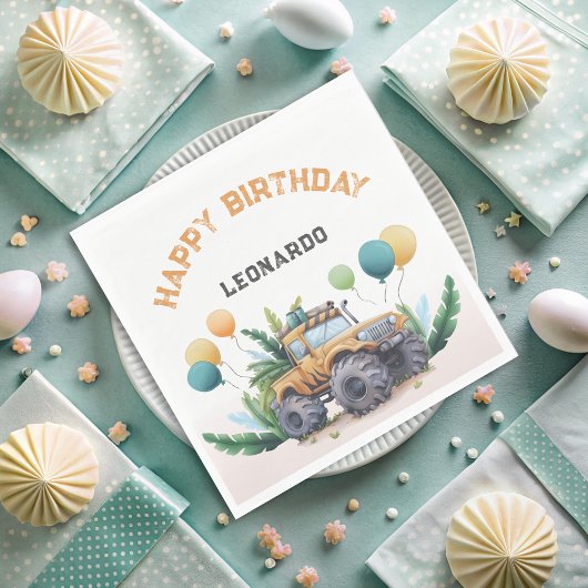 バルーン付きサファリモンスタートラックハッピーバースデー スタンダードランチョンナプキン