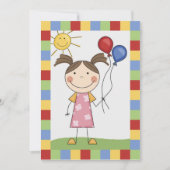 バルーン付きスティックフィギュアガール誕生日招待状 招待状 (正面)