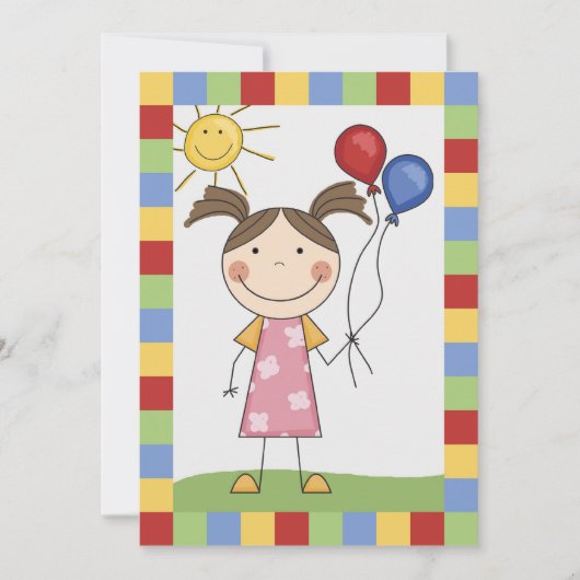 バルーン付きスティックフィギュアガール誕生日招待状 招待状 (正面)