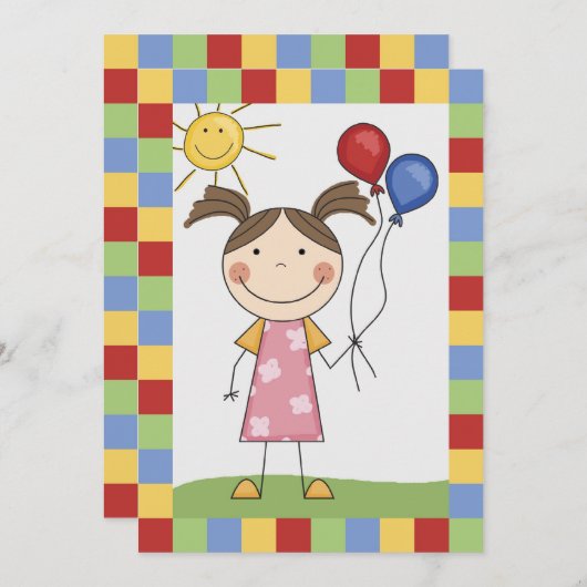 バルーン付きスティックフィギュアガール誕生日招待状 招待状 (正面/裏面)