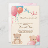 バルーン付きテディベア男の子または女の子のジェンダーの明け 招待状 (正面/裏面)