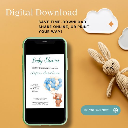 バルーン付きテディベア赤スペインのちゃんシャワー白 招待状