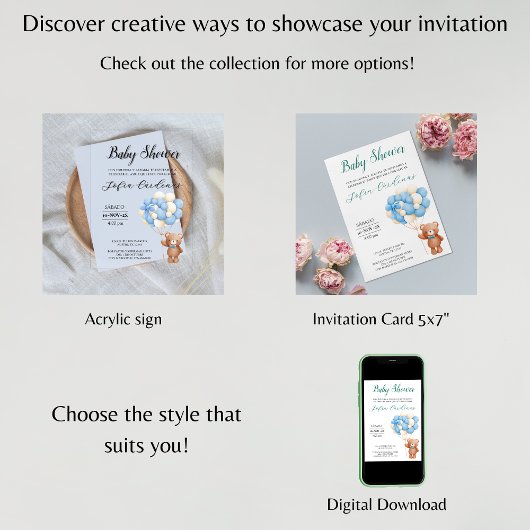 バルーン付きテディベア赤スペインのちゃんシャワー白 招待状