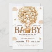 バルーン付きテディベア金ゴールドニュートラルベビーシャワー 招待状 (正面)