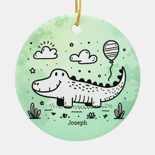バルーン付きハッピーアリゲーター – かわいい子供部屋アート セラミックオーナメント (正面)