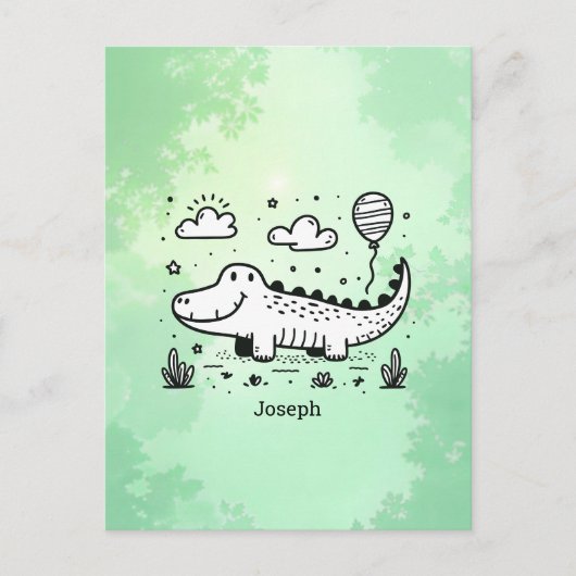 バルーン付きハッピーアリゲーター – かわいい子供部屋アート ポストカード (正面)
