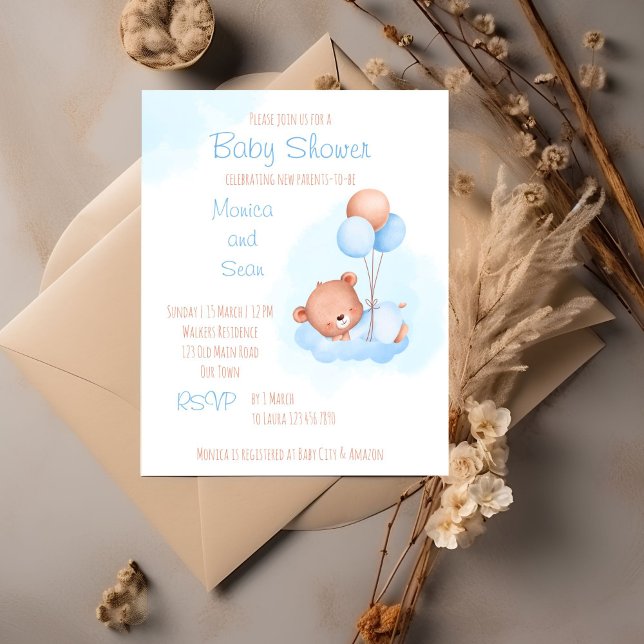バルーン付きパステルテディベア予算ベビーシャワー (Teddy bear themed bearly wait baby shower editable template invitation cute teddy with balloons boy)