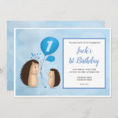 バルーン付きヘッジホグ – 1歳の誕生日 – 青 招待状 (正面/裏面)