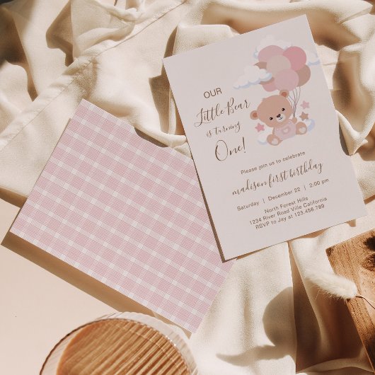 バルーン付きベビーガールベア1st誕生日 招待状