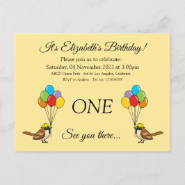 バルーン付き可愛いスパロー誕生日 |カスタマイズ インビテーションポストカード