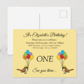 バルーン付き可愛いスパロー誕生日 |カスタマイズ インビテーションポストカード (正面/裏面)