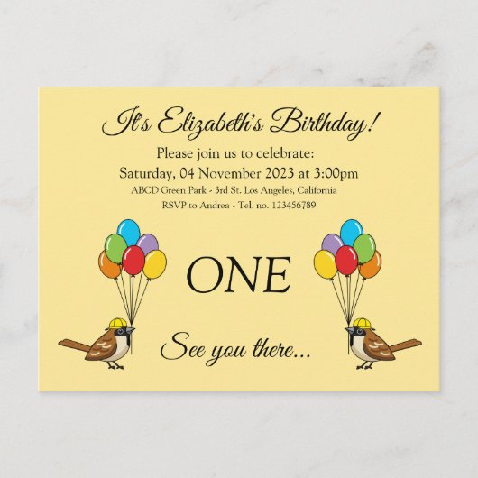 バルーン付き可愛いスパロー誕生日 |カスタマイズ インビテーションポストカード (正面)