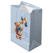 バルーン付き可愛いタンテディベア男の子ベビーシャワー ミディアムペーパーバッグ (正面アングル)