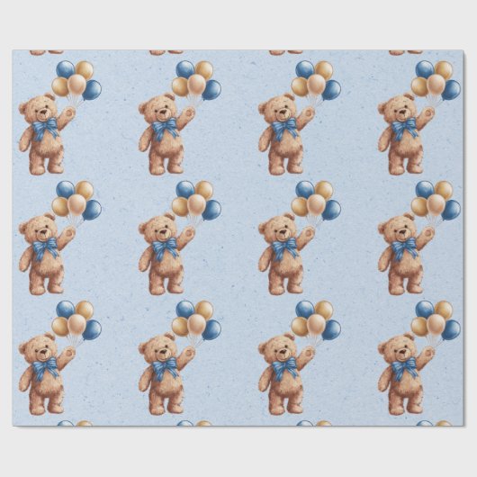 バルーン付き可愛いタンテディベア男の子ベビーシャワー ラッピングペーパー (フラット)