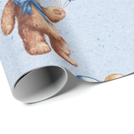 バルーン付き可愛いタンテディベア男の子ベビーシャワー ラッピングペーパー (ロールコーナー)