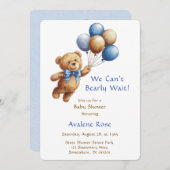 バルーン付き可愛いタンテディベア男の子ベビーシャワー 招待状 (正面/裏面)