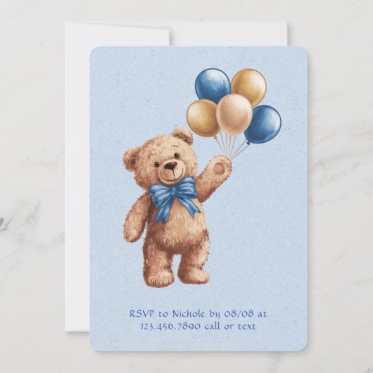 バルーン付き可愛いタンテディベア男の子ベビーシャワー 招待状 (裏面)