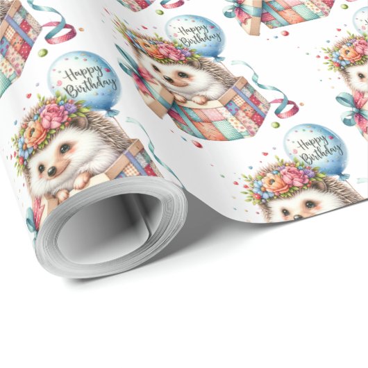 バルーン付き可愛いハリネズミ付きサプライズギフトボックス ラッピングペーパー (ロールコーナー)