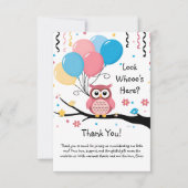 バルーン付き可愛いピンクのフクロウ&紙吹雪ベビーシャワー サンキューカード (正面)