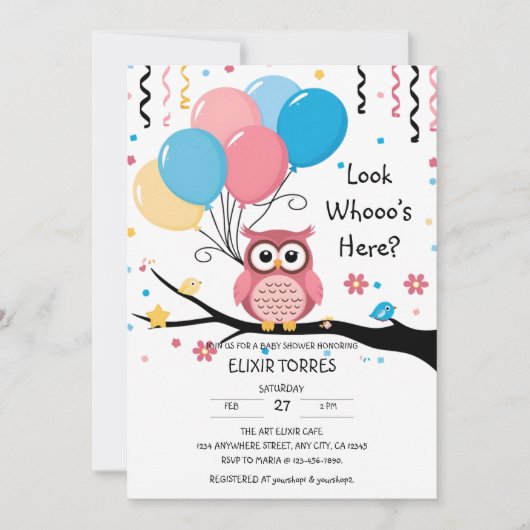 バルーン付き可愛いピンクのフクロウ&紙吹雪ベビーシャワー 招待状 (正面)
