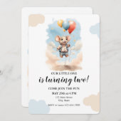 バルーン付き可愛いマウス誕生日パーティー 招待状 (正面/裏面)