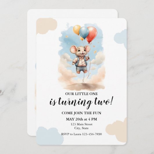 バルーン付き可愛いマウス誕生日パーティー 招待状 (正面/裏面)