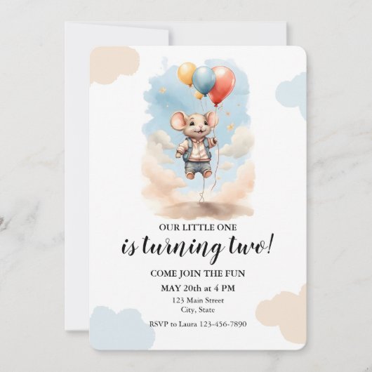 バルーン付き可愛いマウス誕生日パーティー 招待状 (正面)