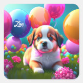 バルーン付き可愛い子犬 – 甘いカスタム子供 スクエアシール (正面)