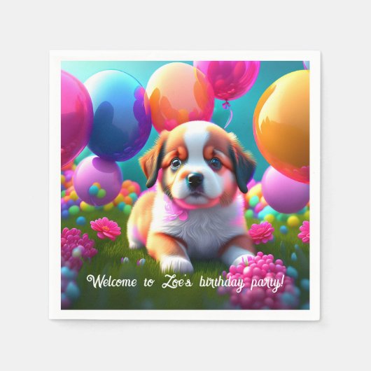 バルーン付き可愛い子犬 – 誕生日 スタンダードカクテルナプキン (正面)