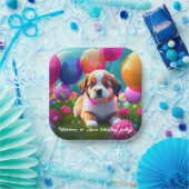 バルーン付き可愛い子犬 – 誕生日 ペーパープレート (パーティー)