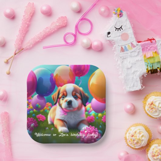 バルーン付き可愛い子犬 – 誕生日 ペーパープレート (パーティー)