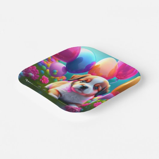 バルーン付き可愛い子犬 – 誕生日 ペーパープレート (傾斜あり)