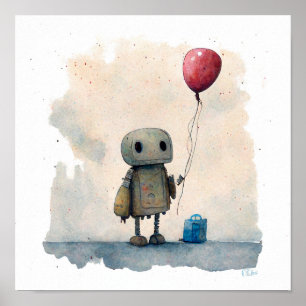 「バルーン付き孤独なロボット」 – 水絵画色の ポスター