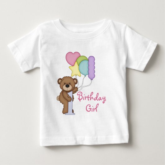 バルーン付き最初の誕生日クマ誕生日女の子 ベビーTシャツ (正面)