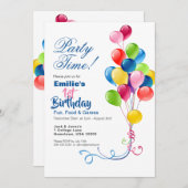 バルーン付き最初の誕生日招待状カラフル 招待状 (正面/裏面)