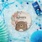 バルーン付き水色クマ誕生日紙プレート ペーパープレート (パーティー)
