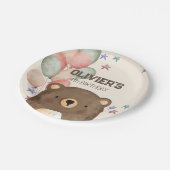 バルーン付き水色クマ誕生日紙プレート ペーパープレート (アングル)