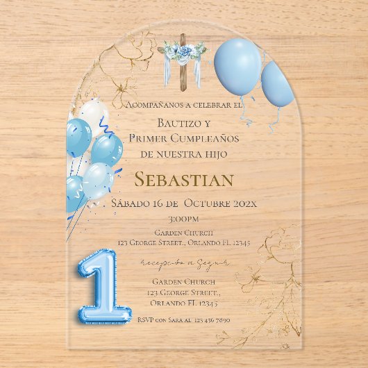 バルーン付き洗礼式と1歳の誕生日アクリル アクリル招待状 (正面)