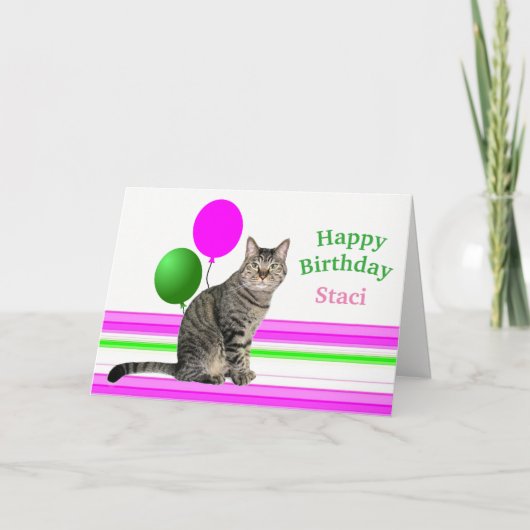 バルーン付き猫誕生日カー子供へド カード (正面)