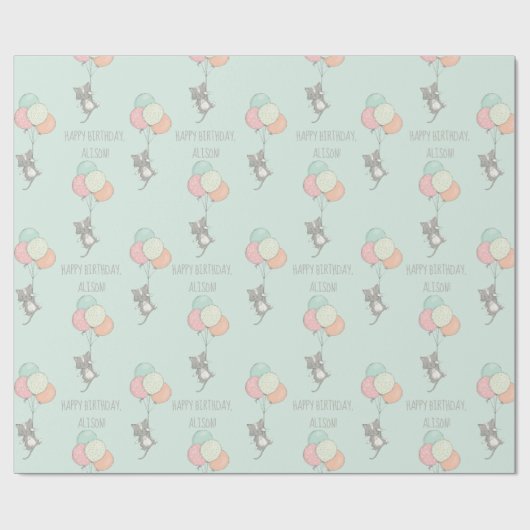 バルーン付き甘いグレーパーソナライズされた猫誕生日 ラッピングペーパー (フラット)