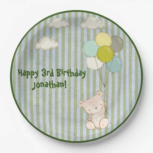 バルーン付き白いクマ緑素朴タイポグラフィ ペーパープレート (正面)