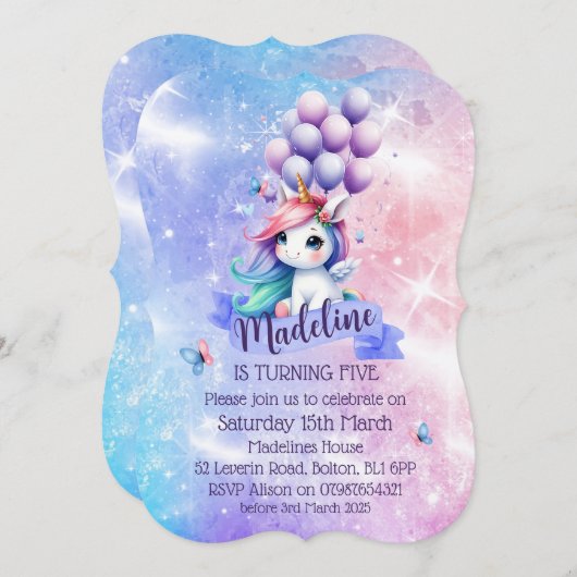 バルーン付き美しいユニコーンテーマ招待状 招待状 (正面/裏面)