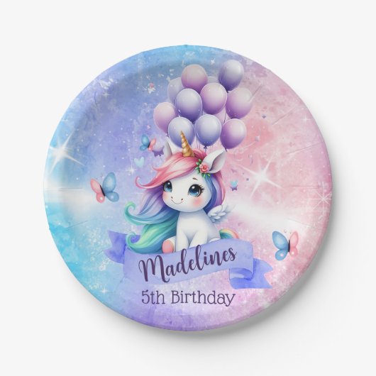 バルーン付き美しいユニコーン紙プレート ペーパープレート (正面)
