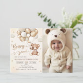 バルーン付き茶色のテディベア誕生日写真 招待状 (スタンド正面)