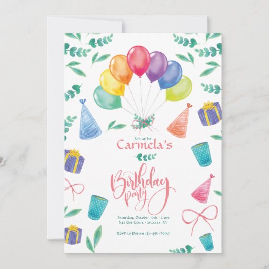 バルーン付き誕生日パーティーの招待状 招待状 (正面)